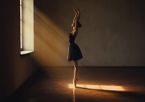 Beautiful elegant ballerina in a black tutu standing on pointe shoes in a dance studio illuminated by warm morning sunbeams, or graceful female dancer practicing classical ballet art.