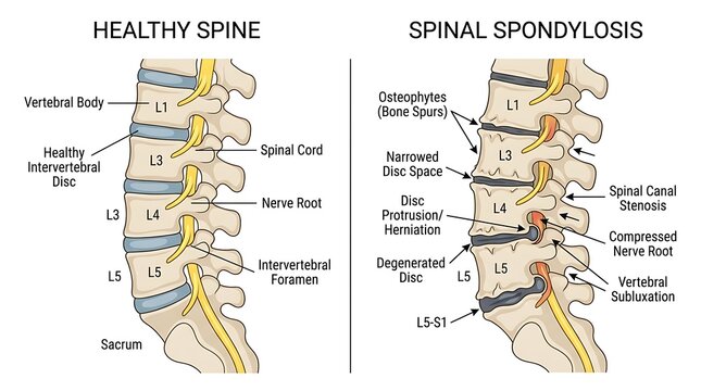 Medical illustration comparing healthy spinal column anatomy and spinal