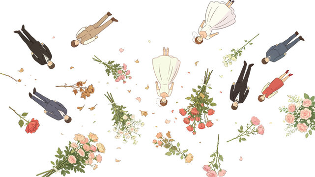 Whimsical Illustration of Couples and Brides Floating Amongst Flowers and Petals in Soft Pastel