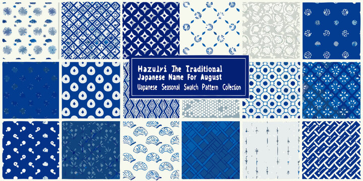 Japanese hazuki leaf pattern collection indigo and white vector designs