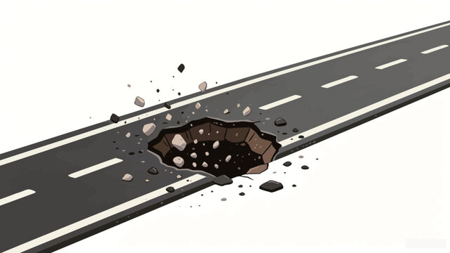 Vector illustration of a collapsing asphalt road with debris flying, showing a massive sinkhole