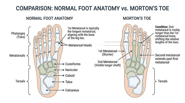 Medical comparison showing normal foot anatomy versus mortons toe condition