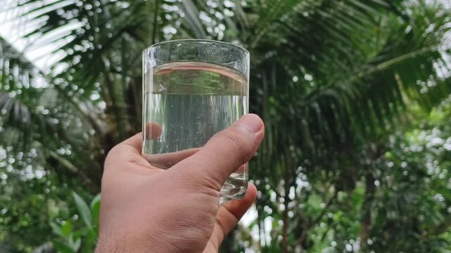 Drinking water glass or cup inside hand holding against nature green tree leaves background. Closeup of person checking clear natural fresh water for impurity to avoid waterborne disease like cholera.