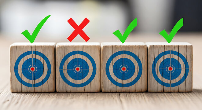 Four wooden cubes with targets and checkmarks and crosses bullseye blue