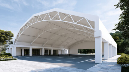Obraz premium Modern covered pickleball facility with high ceiling, white steel structure, open sides, outdoor court, surrounded by trees, bright daylight
