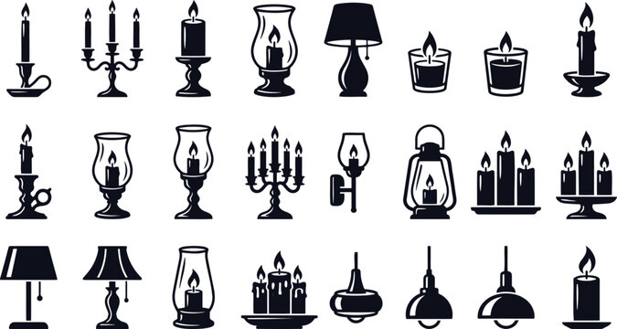Black and white of various candles in different styles taper pillar votive