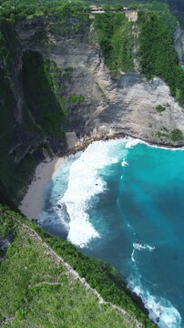 Vertical Aerial 4K Drone Footage Kelingking Beach Nusa Penida Bali Indonesia
