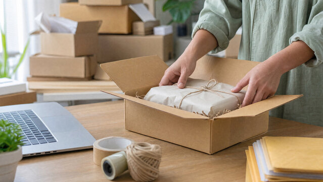 Person wraps a package inside a room with many boxes and a laptop on the table during the day