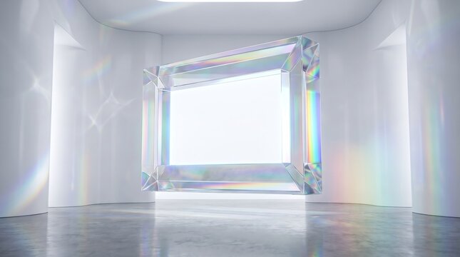 Prismatic crystal frame floating in white gallery space with rainbow light refractions creating ethereal atmosphere for artistic photography and luxury showcase.