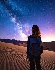 Naklejka premium Woman gazing at the Milky Way galaxy in a desert landscape at night.