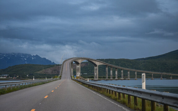 Hadsel bridge (Hadrelbrua) in northern Norway in gloomy weather