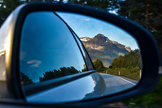 Mountain reflection in the car side mirror, northern Norway
