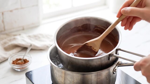 Melting chocolate in a double boiler with wooden spoon close-up  