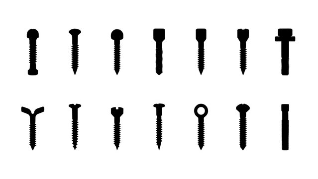 Screw Heads Set of Different Screw Types and Fastener Shapes on a Clean Graphic Background for Engineering Concept Design
