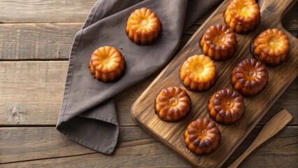 Fototapeta premium Delicious fresh caneles arranged on a wooden board in a cozy kitchen setting, showcasing French culinary tradition