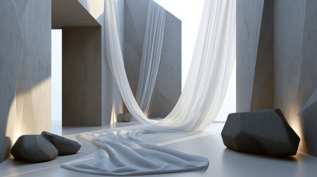 Minimalist architecture concrete wall flowing white fabric geometric stone soft light modern interior serene abstract spacious