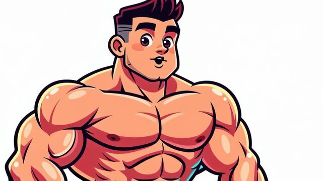 Animated muscular man showing strength and flexing biceps in isolated white background