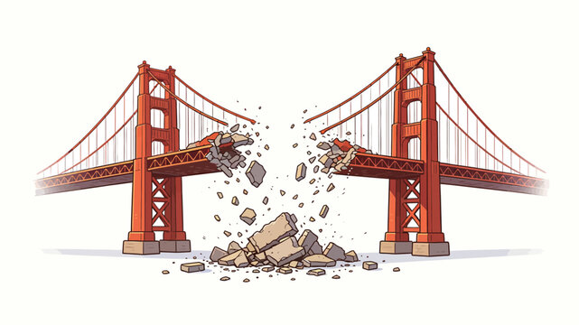 Orange Suspension Bridge Mid-Collapse with Falling Debris, Stylized Cartoon Illustration