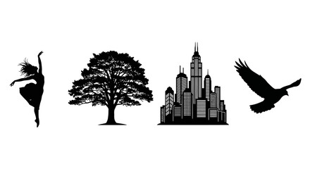 Ballerina Tree Cityscape And Eagle Silhouettes Against White Background © MDHANZALA