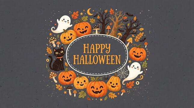 Happy halloween decorative frame with cute pumpkins ghosts and black cat