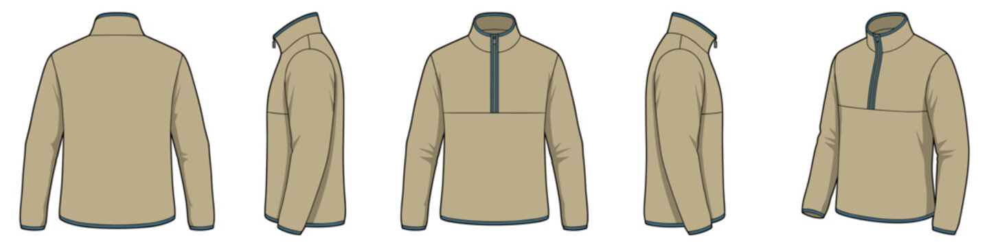 Beige fleece quarter zip mockup realistic vector illustration set. Warm outdoor pullover with copyspace on transparent background