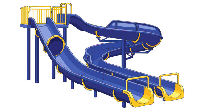 Blue and yellow water park slides with straight and spiral chutes