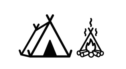 Teepee And Campfire Silhouette Black Linear Vector Illustration © MDHANZALA