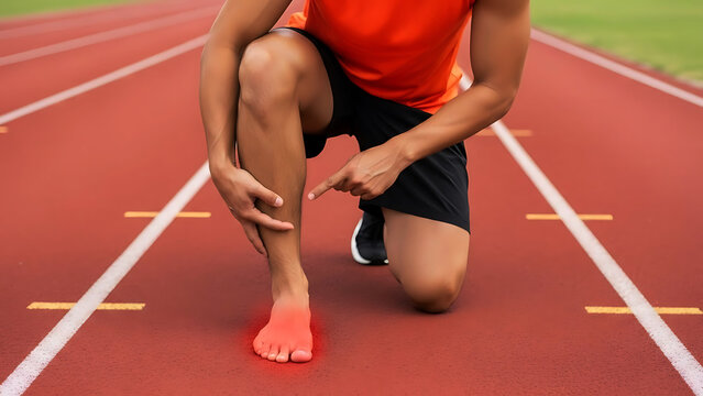 Athlete pointing at foot pain on red running track desig