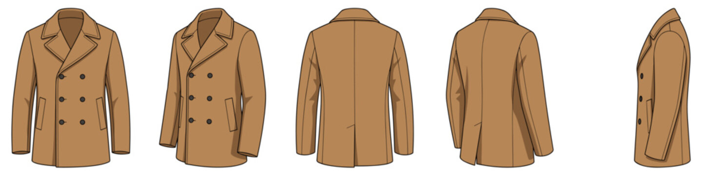 Tan pea coat mockup realistic vector illustration set. Elegant double breasted jacket with copyspace 3d models on transparent background