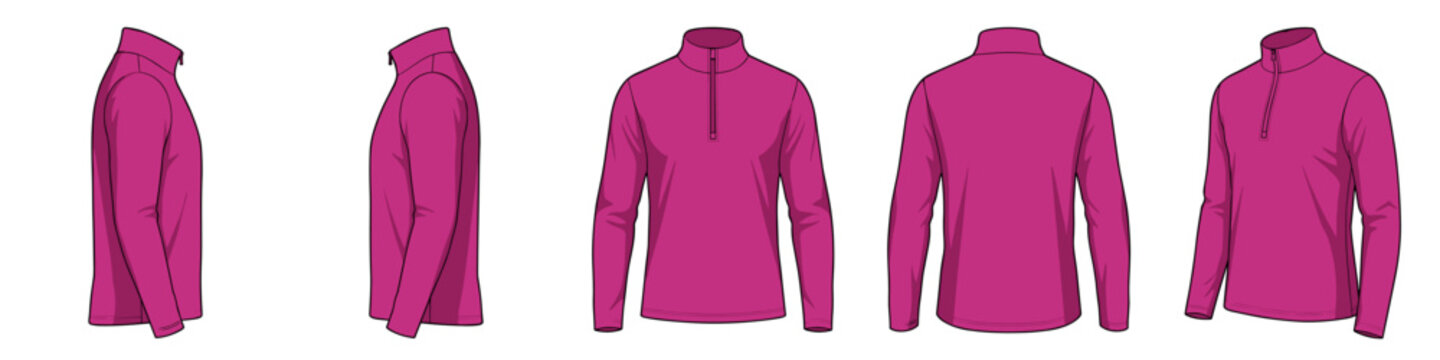 Pink half zip sweatshirt mockup realistic vector illustration set. Sportswear of cotton fabric with copyspace 3d models on transparent background