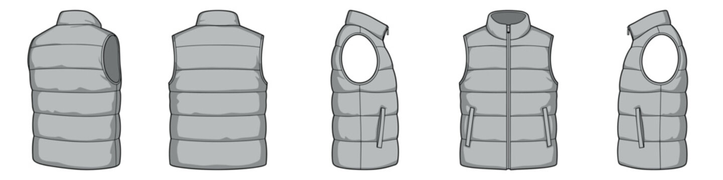 Grey puffer vest mockup realistic vector illustration set. Sleeveless winter jacket with copyspace 3d models on transparent background
