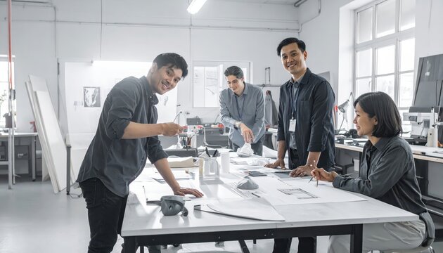 Team collaborating on product launch plans, discussing mockups and prototypes in office