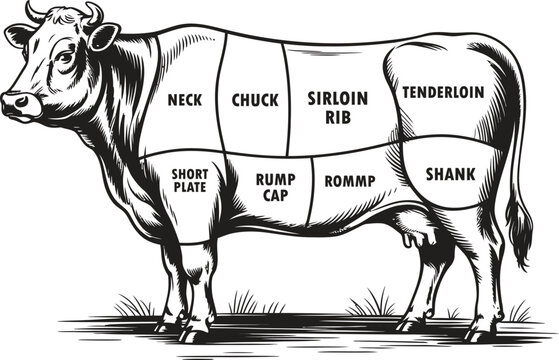 Retro butchery guide chart featuring anatomical breakdown of cattle meat parts for culinary education.Vintage engraved style illustration of a cow showing different beef cuts for butcher shop menu.