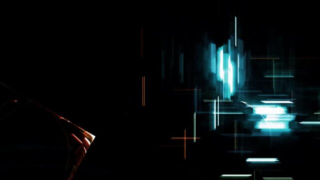 Abstract digital glitch background with vertical glowing cyan and orange light streaks, futuristic high tech data corruption, cyber abstract neon light overlay loop.