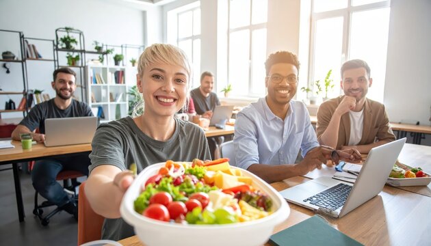 Team enjoying a healthy working lunch in a casual meeting room