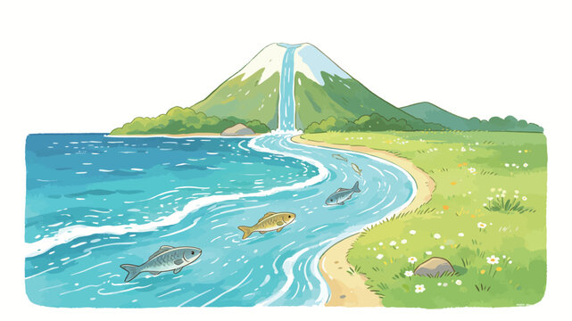Illustrative Landscape: Fish Swimming Up a Serene River to a Waterfall