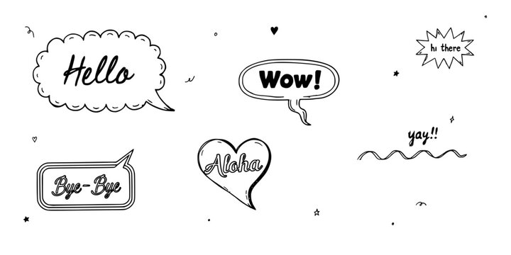 Speech Bubbles with Handwritten Text and Doodles in a Sketch Style Featuring Hello, Wow, Aloha with Bye-Bye and Yay Elements