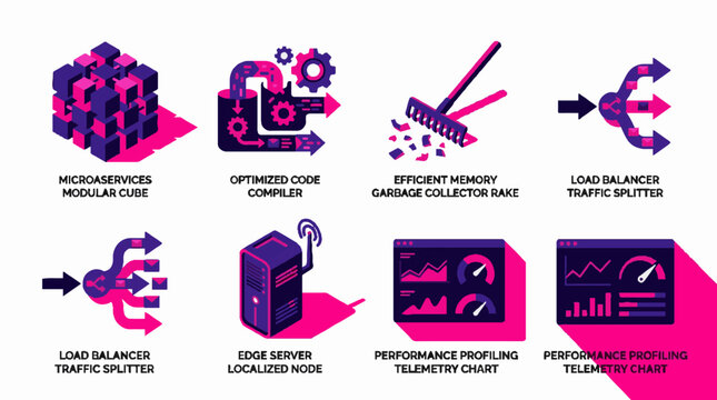 Set of eight isometric vector icons representing software development and cloud computing infrastructure concepts in purple and pink color palette