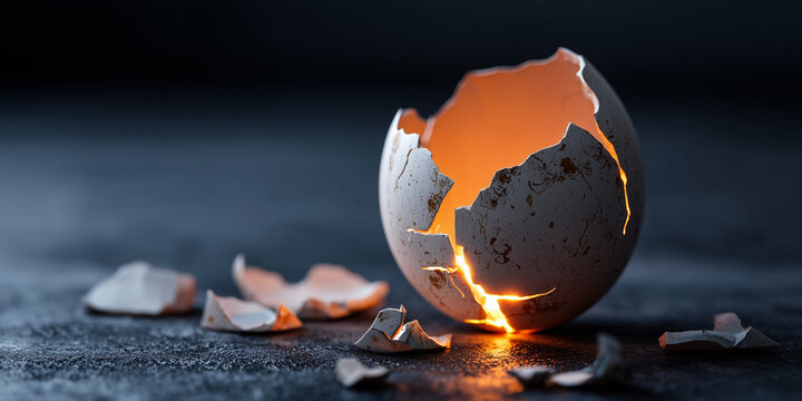 A glowing cracked eggshell representing fresh starts and economic transformation on a worldwide scale
