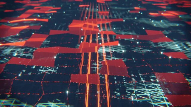 Abstract digital matrix grid background with glowing red elements and neon lines. High-tech database data processing motion graphic loop animation.