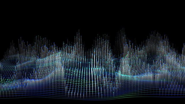 Abstract Big Data complex surface graph animation. Quantum computing array in black universe. Virtual technology space AI. Futuristic blue green  wavy infographic.
