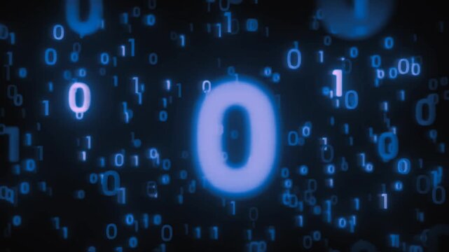 Falling glowing blue binary code numbers on dark background loop. Abstract digital data stream and computer programming concept motion graphic
