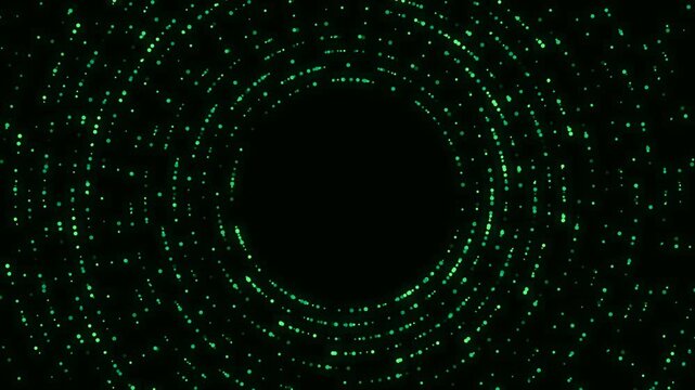 Abstract green glowing dot circle array pattern emitting on dark background. Seamless loop circular radar sound wave digital motion graphic.