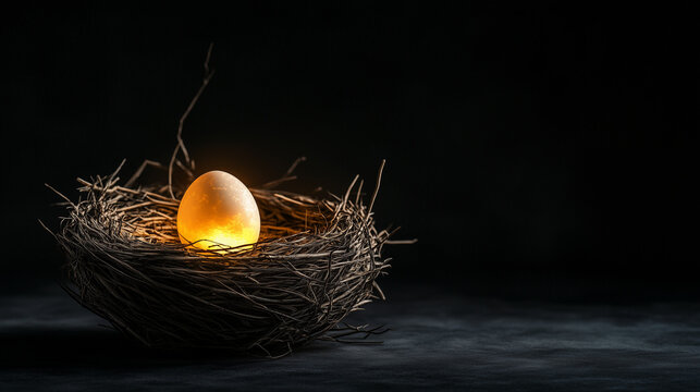 A glowing egg nestled in a cozy nest representing fresh starts and optimism in the face of financial difficulties