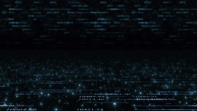 Abstract big data stream background with glowing financial numbers. Digital technology network data processing abstract motion graphic loop.