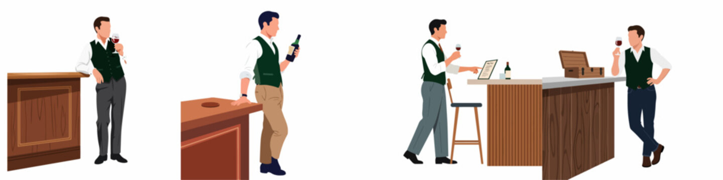 Set of flat illustrations featuring a professional sommelier or bartender in various poses tasting and serving wine at a wooden bar counter.