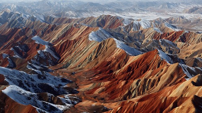 Breathtaking landscape featuring striped colorful mountains and snow covered ridges.