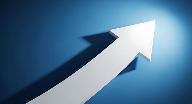 A 3D rendered white arrow points upwards against a blue gradient background, casting a shadow