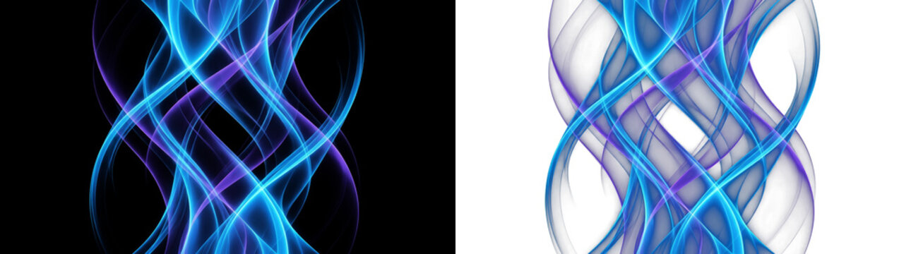 Abstract interwoven blue purple light trails on transparent png background