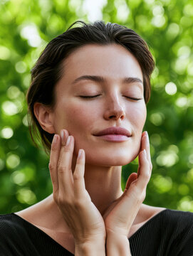 Serene woman with natural makeup touching face closed eyes healthy skin outdoor green background peaceful beauty skincare